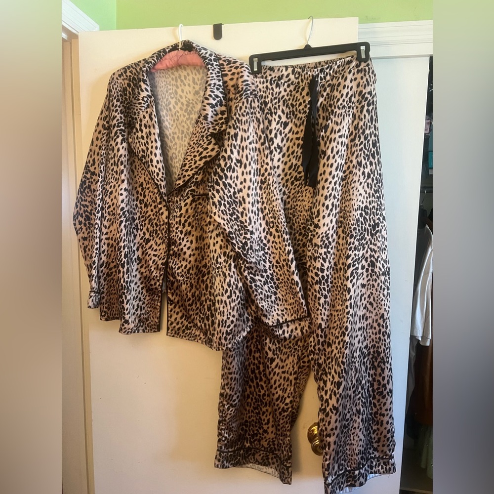 Plus size cheetah print satin pajama set